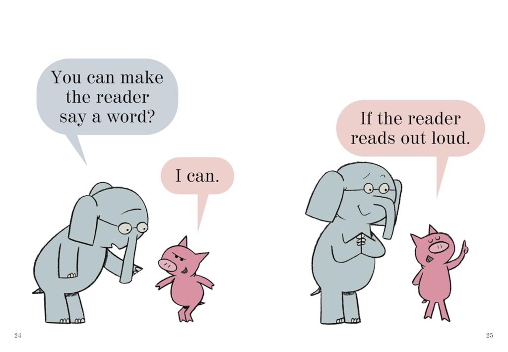 Elephant and Pig discuss reading aloud.