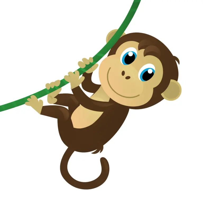 Cartoon monkey swinging on vine with smiling face