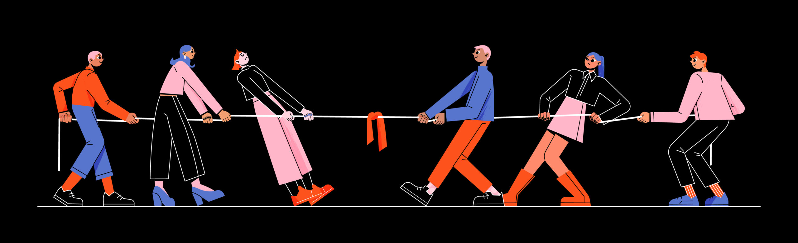 Cartoon people playing tug-of-war with rope.