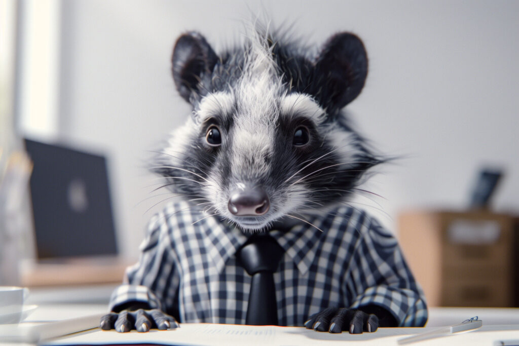 Raccoon in checkered shirt sitting at desk