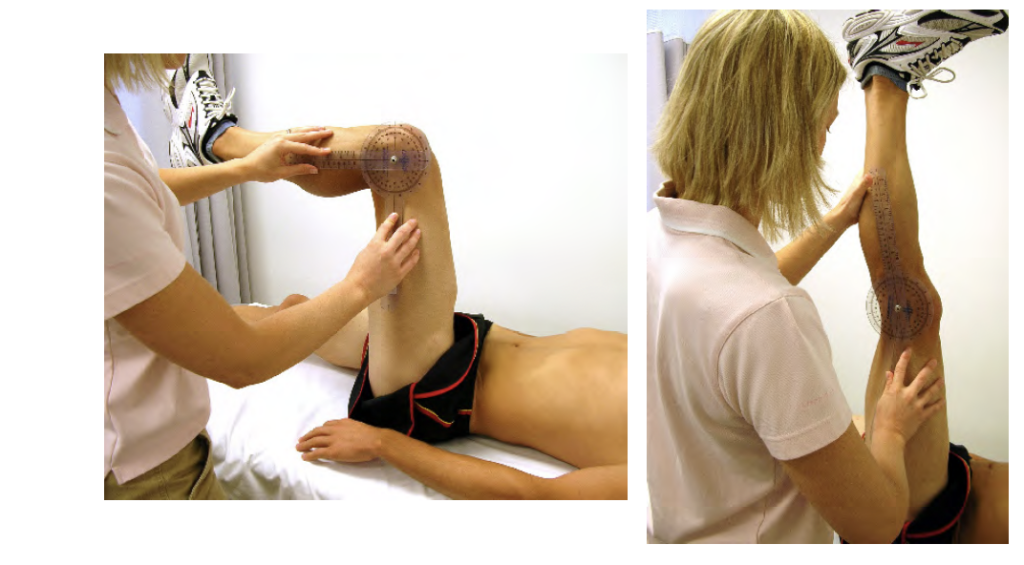 Physiotherapist measures knee joint flexibility.